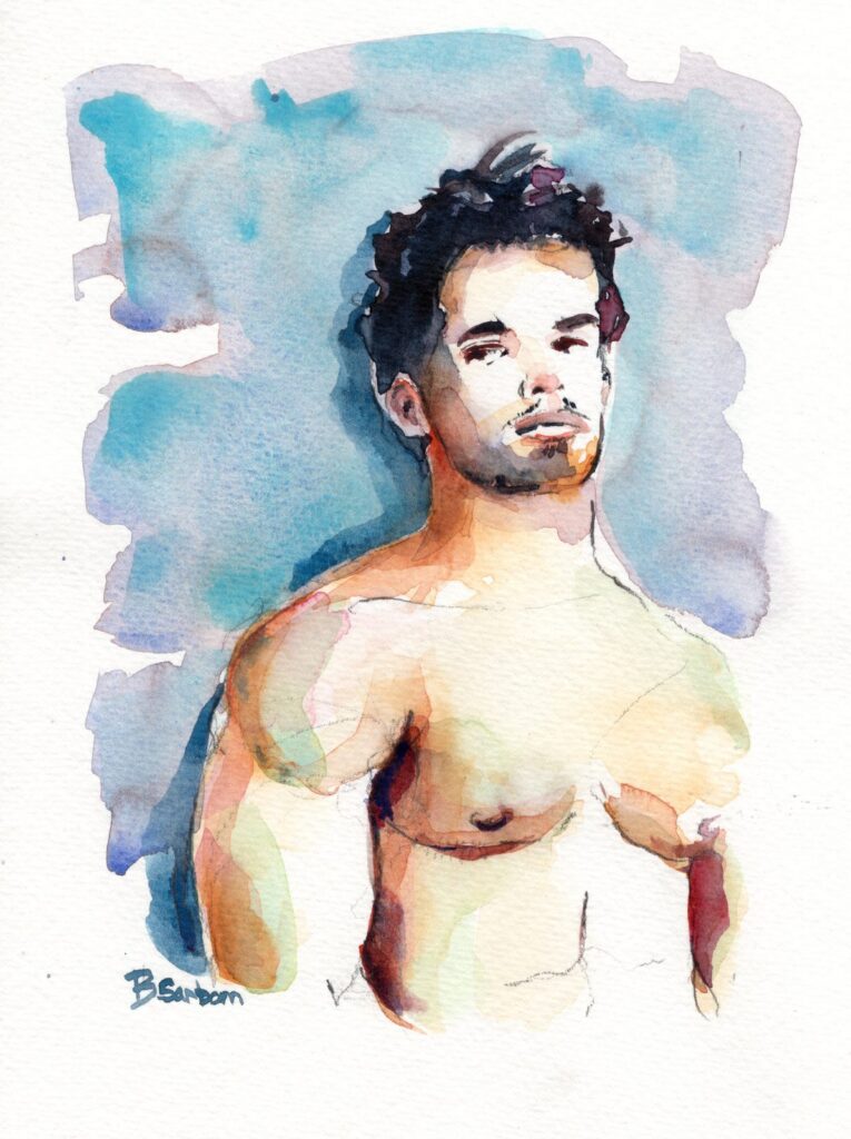 Loose watercolor portrait of a shirtless man with dark curly hair against a soft blue background, by Brenden Sanborn
