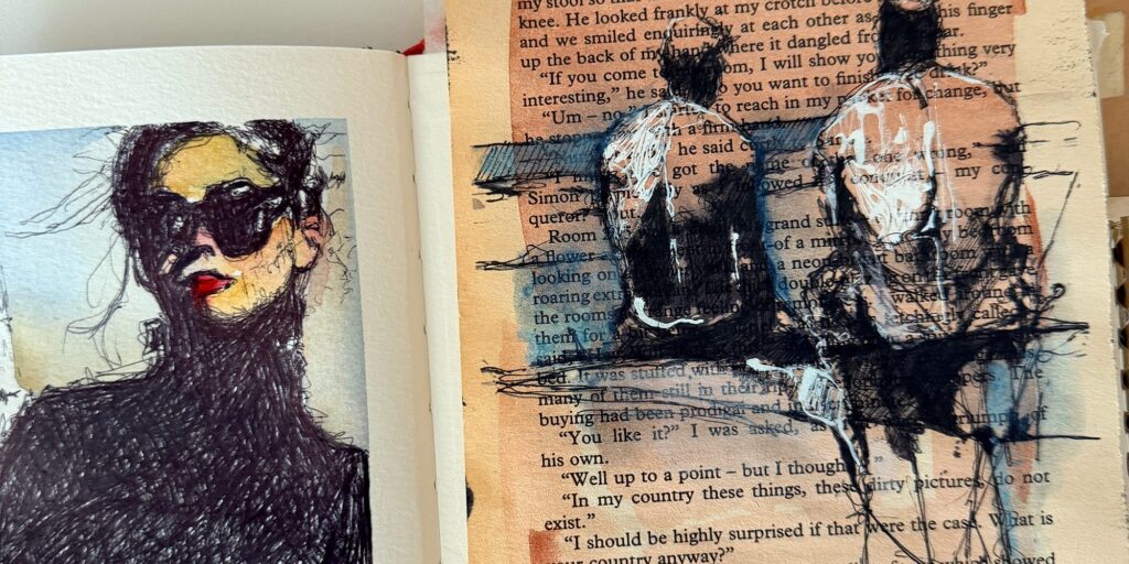 Sketchbook spread by Brenden Sanborn with a portrait of a woman in sunglasses beside ink figures drawn over a vintage book page