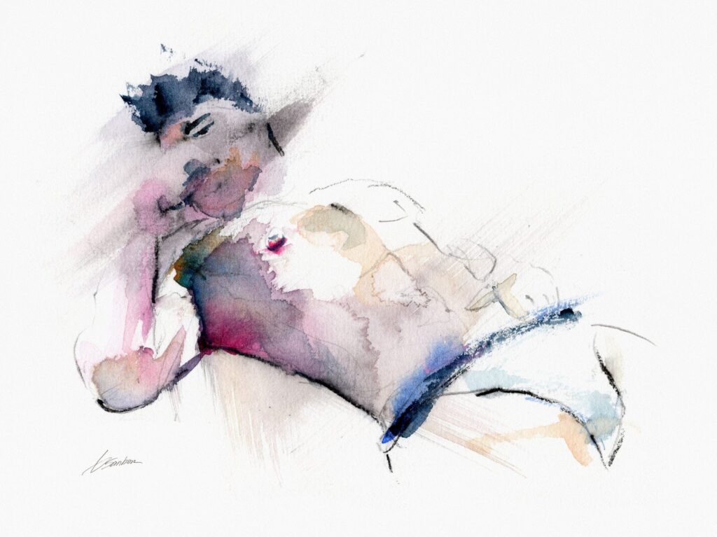 Loose watercolor by Brenden Sanborn of a man asleep on white sheets in soft pink and violet