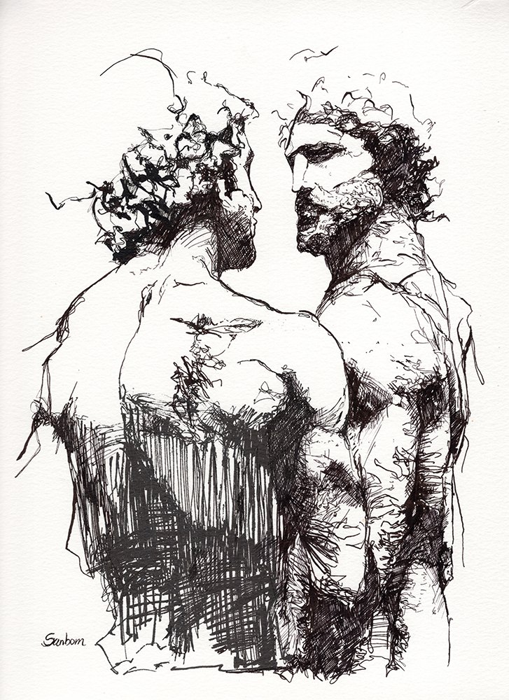 The Museum at Midnight, ink drawing of two men face to face by Brenden Sanborn