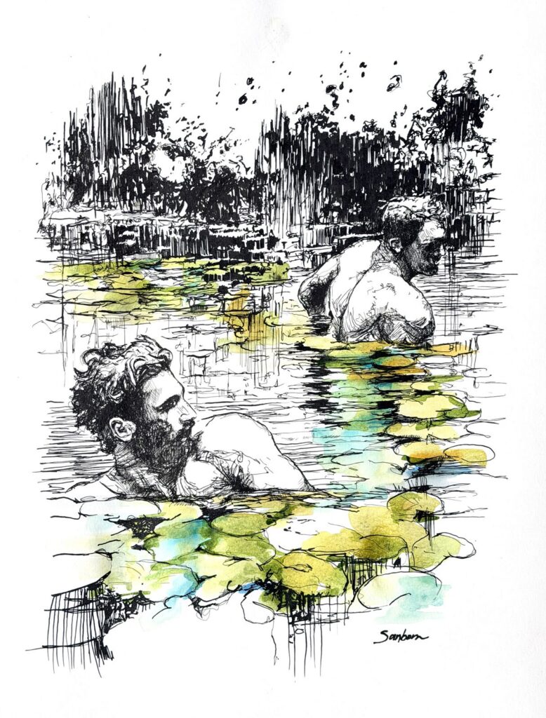 The Pond Holds Us, ink and acrylic ink drawing of two men swimming in a lily pond, 16 by 20 inches, by Brenden Sanborn