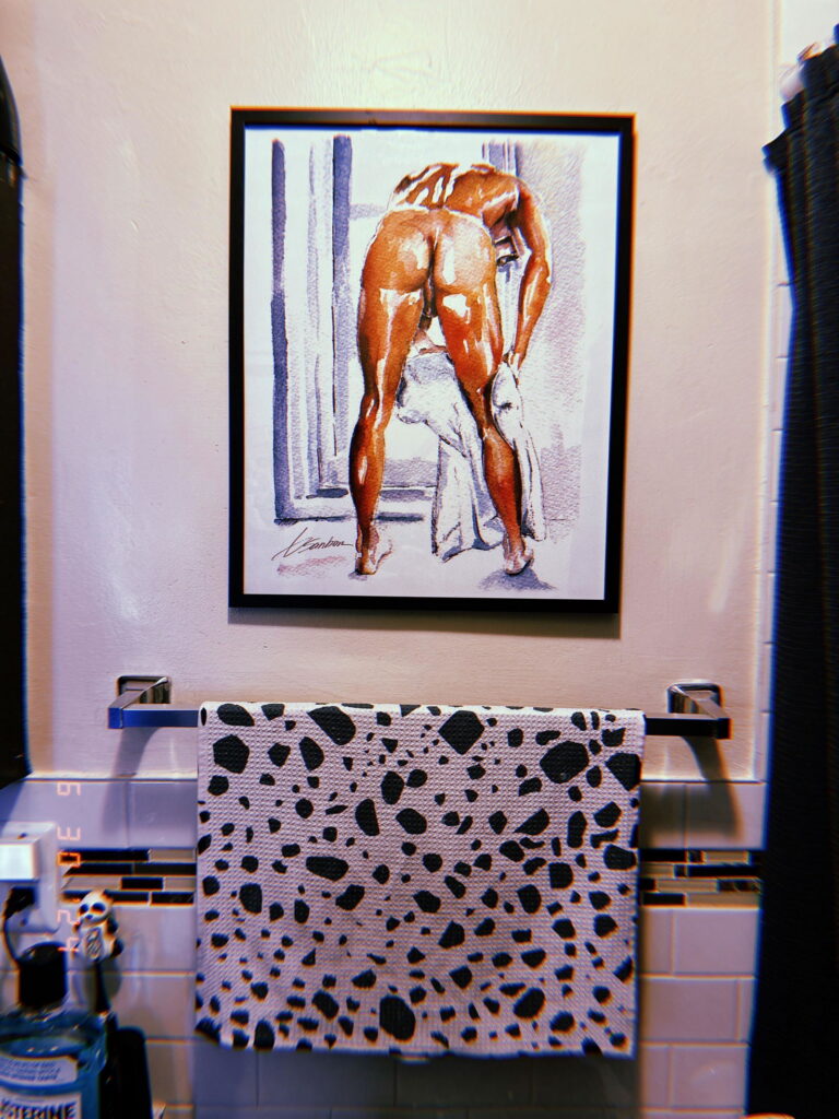 The Toweling Adonis art print by Brenden Sanborn hanging in a collector's home