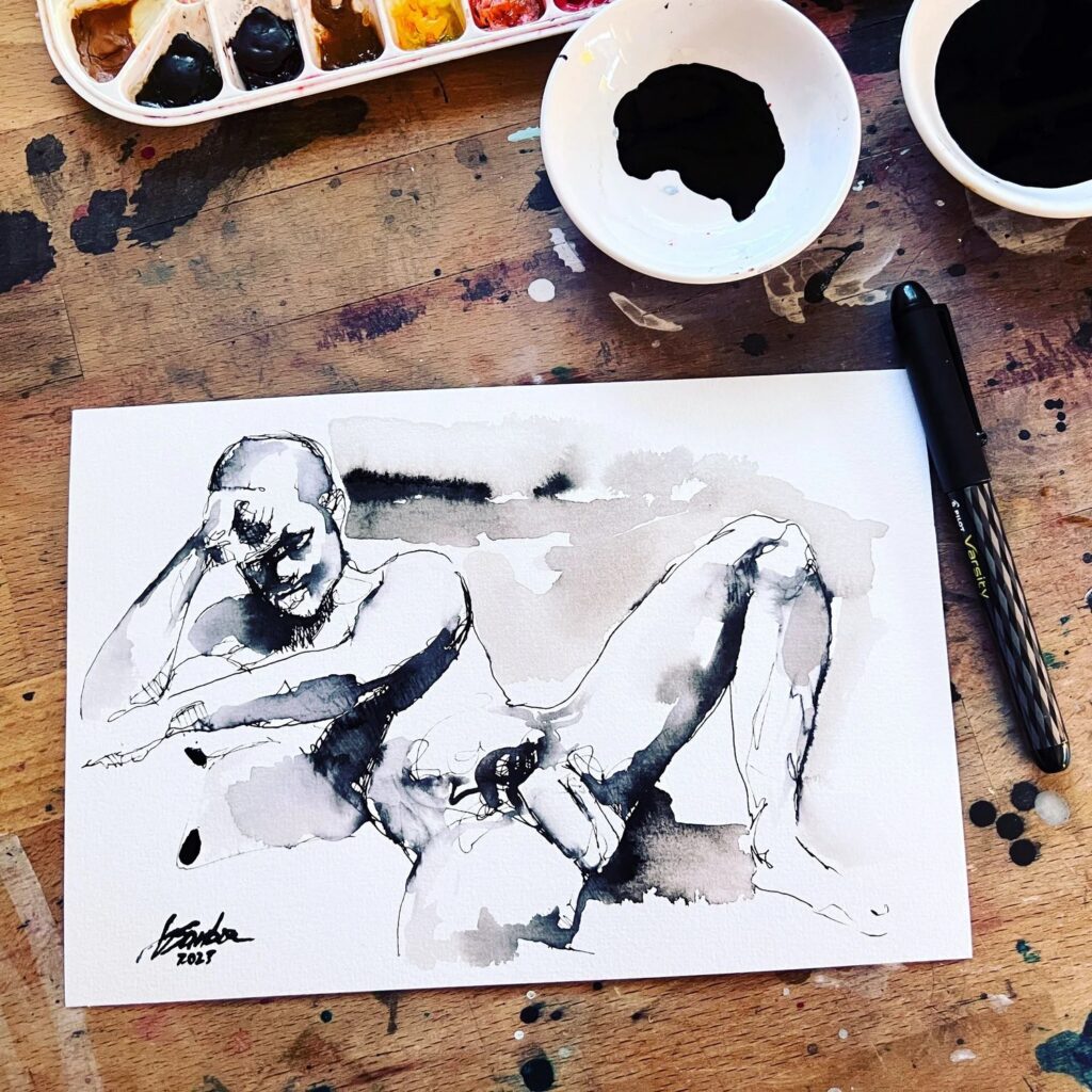Brenden Sanborn's Tuesday ink sketch of a reclining male figure, with his pen and ink pot on the studio table