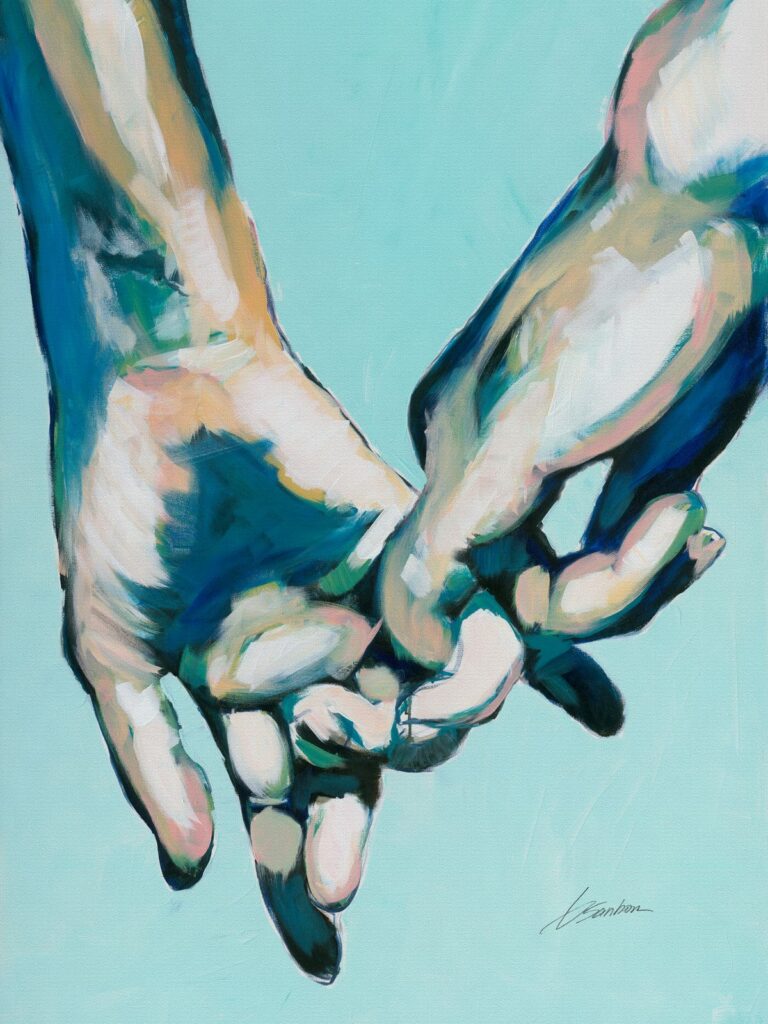 Forever Love, a painting of two hands linking little fingers on a teal background, from The Lovers collection by Brenden Sanborn