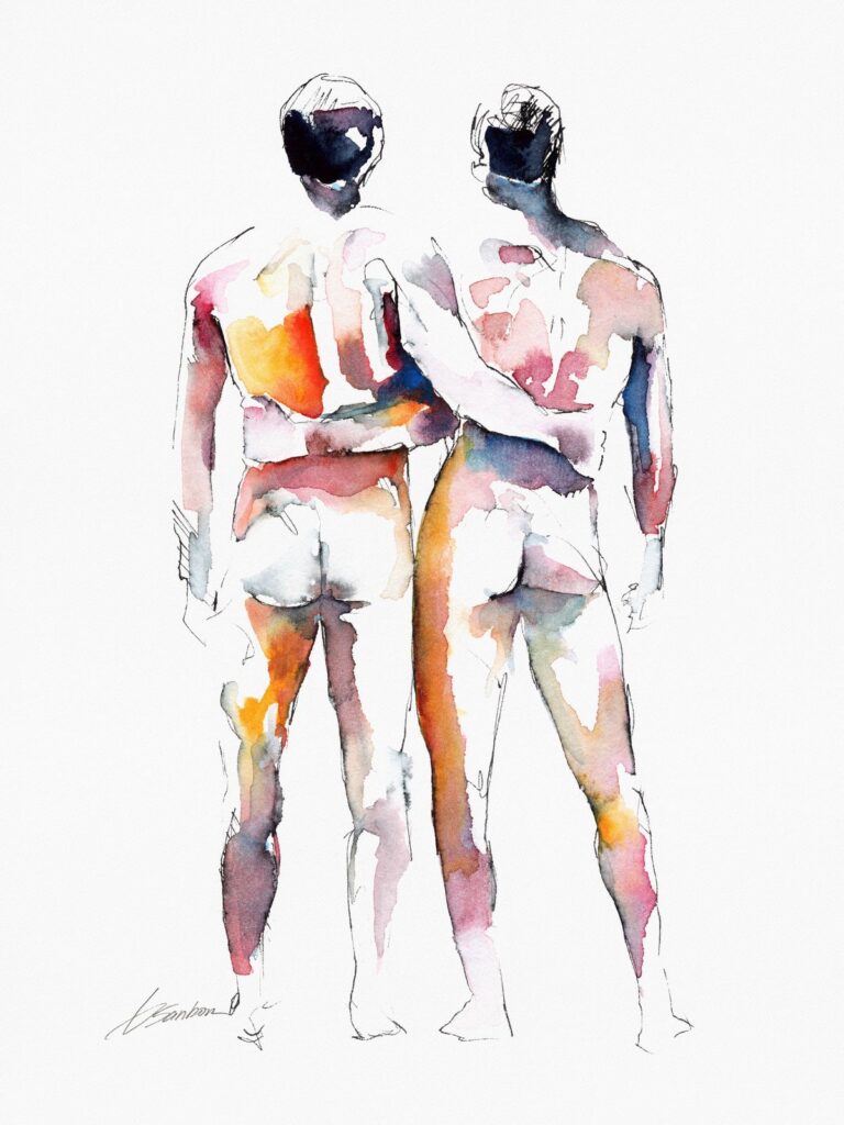 Slow Walk Home, a watercolor of two men standing arm in arm, seen from behind, from The Lovers collection by Brenden Sanborn