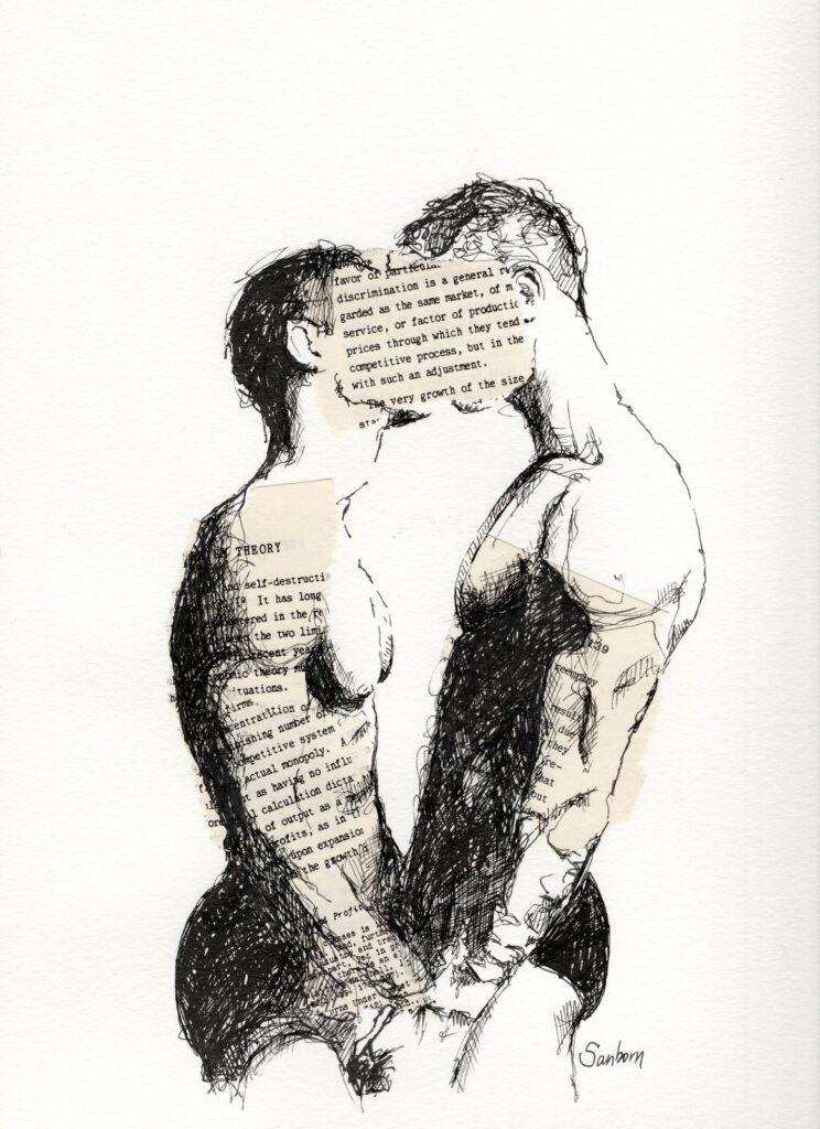 Ink drawing of two men in a close embrace, collaged with vintage book page text, by Brenden Sanborn