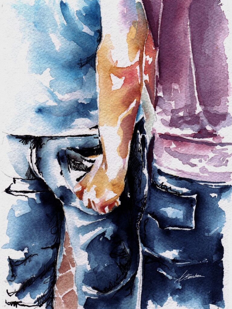 Love at the Festival, a watercolor of two men holding hands, one with a finger in the other's back pocket, from The Lovers collection by Brenden Sanborn