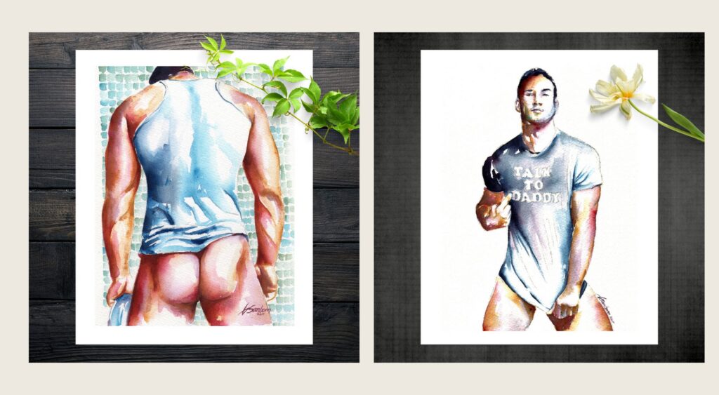 Two watercolor paintings by Brenden Sanborn, Sensual Touch and Thinker, both seen in the Netflix documentary Pray Away