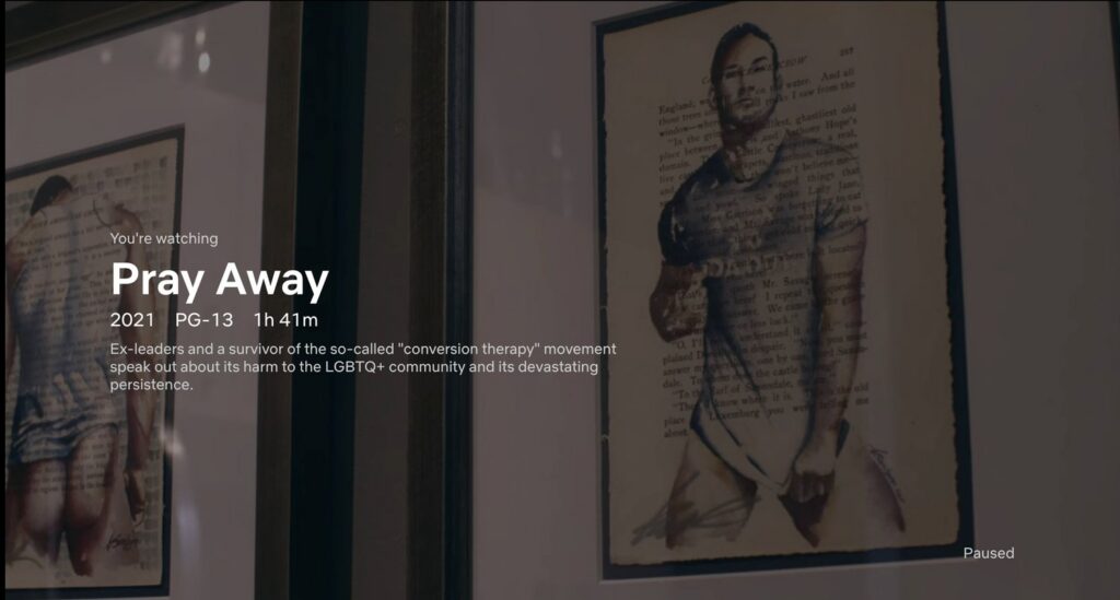 Two of Brenden Sanborn's paintings on screen in a scene from the Netflix documentary Pray Away