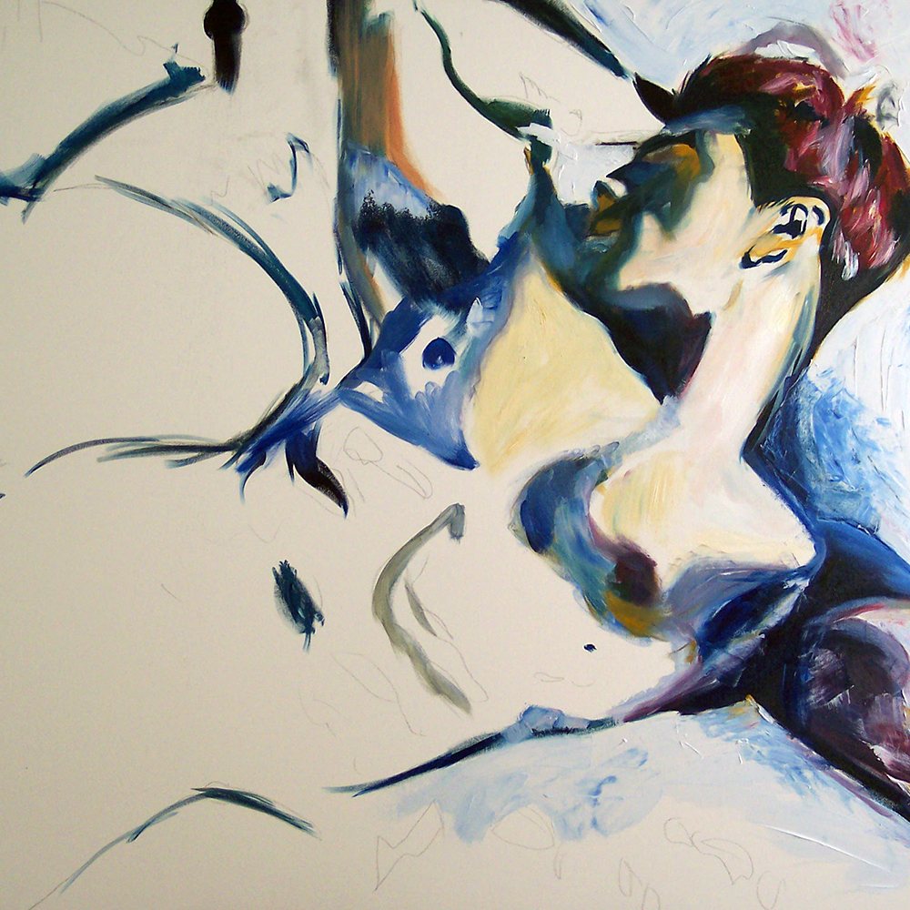 Unfinished painting by Brenden Sanborn of a reclining man in loose blue strokes on bare paper