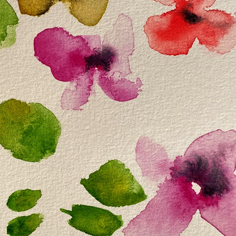 Watercolor flowers in pink, red and green by Brenden Sanborn, painted for his mom