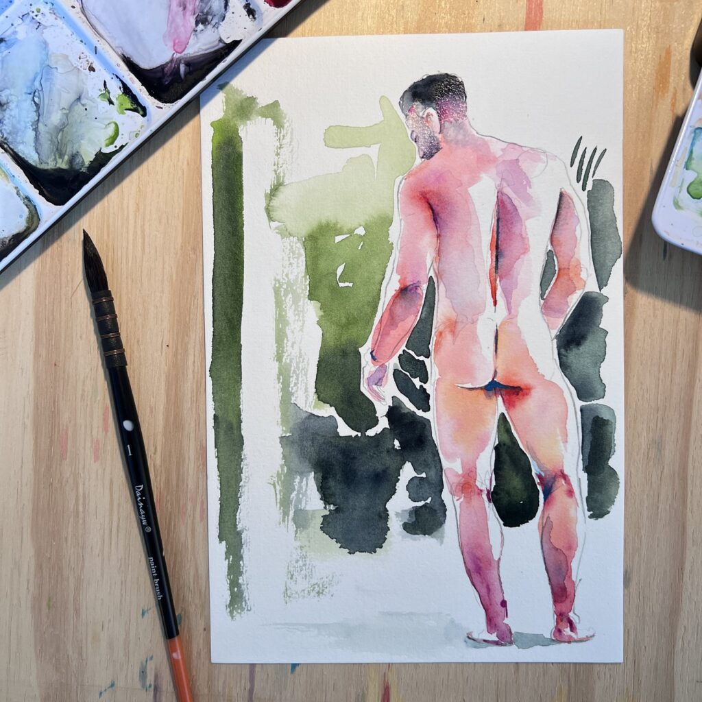 Recent watercolor by Brenden Sanborn of a male figure from behind, in progress on his studio table with brushes and palette