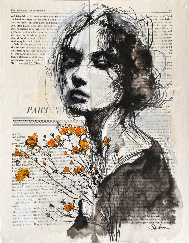 Ink portrait of a woman with orange flowers on a vintage book page, by Brenden Sanborn